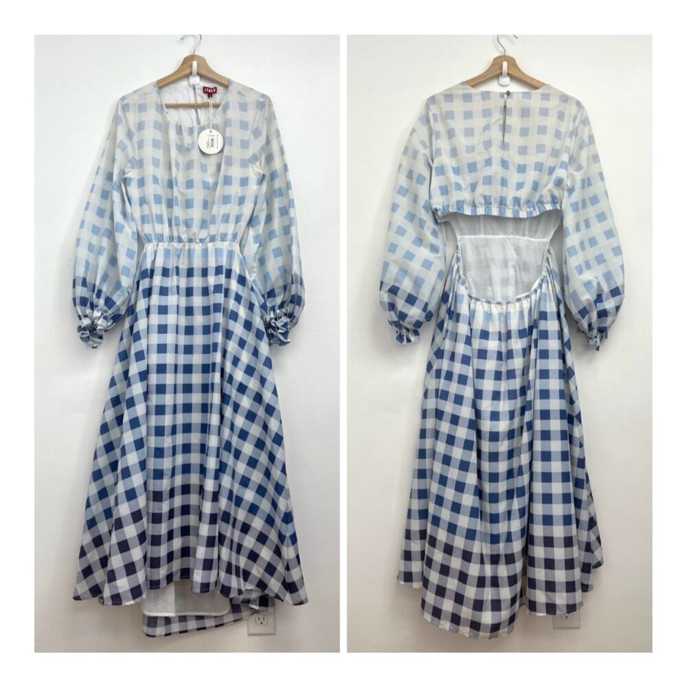 NWT Staud Blanche Midi Dress Blue Ombre Gingham Cut Out Open Back - Large - Picture 16 of 16